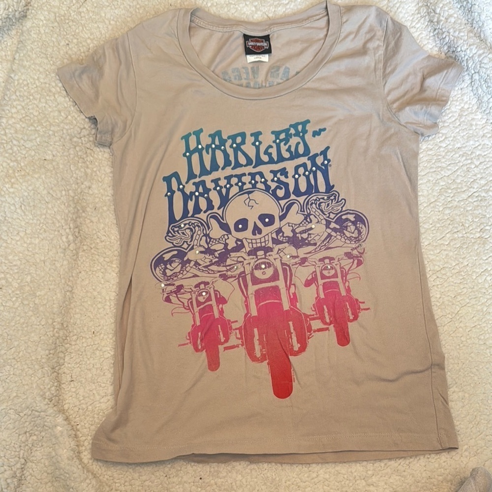 Harley-Davidson Gray and Pink Graphic Tee Short Sleeve